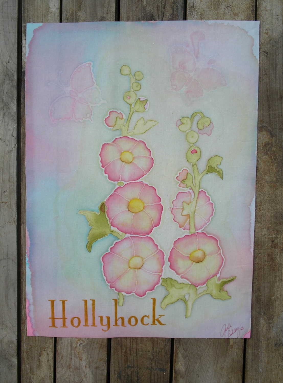 Hand painted Pink Hollyhock Cotton Quilt Block