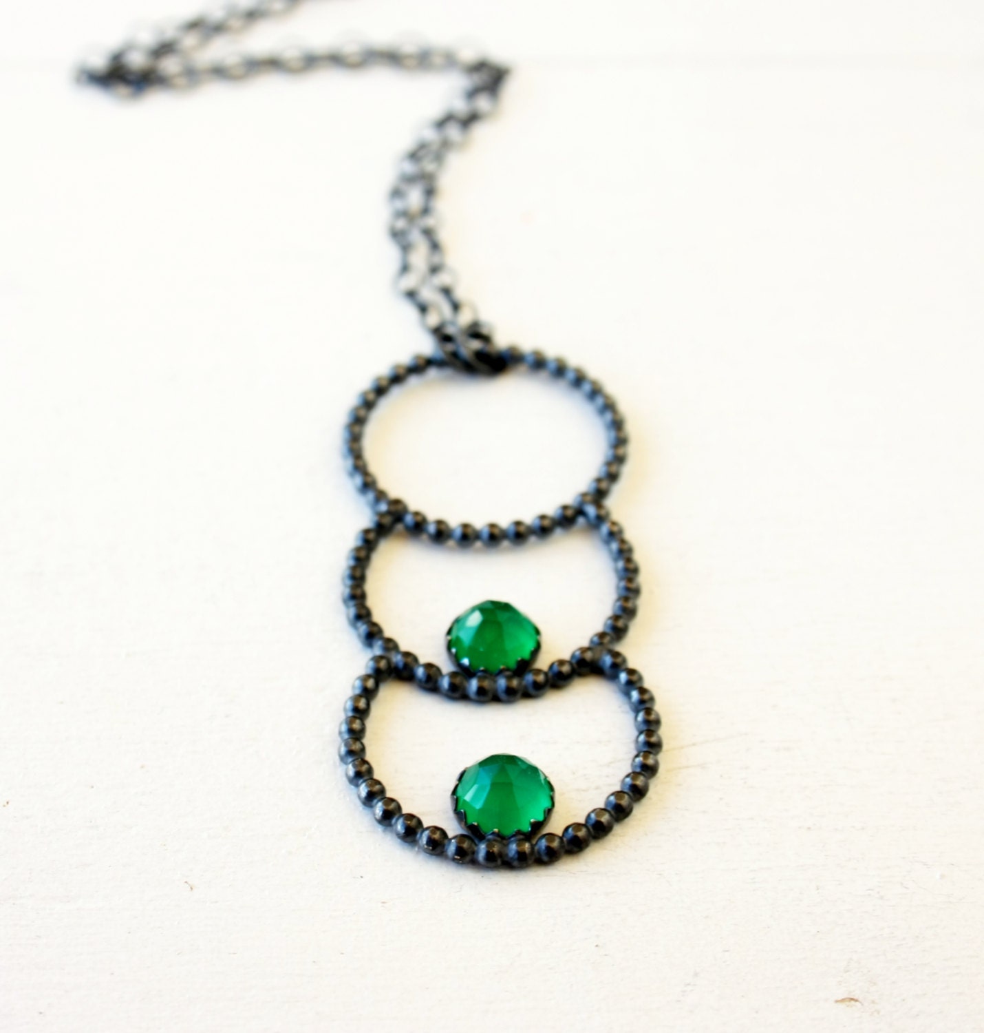 Long emerald green chalcedony necklace with open circles / geometric statement silver necklace with Emerald Green Chaledony FREE SHIPPING