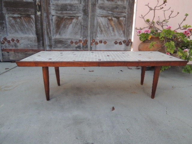 Mid Century Modern Rectangular Coffee Table with Mosaic Tile Top  (Los Angeles)