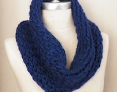Blue Cowl Scarf, Chunky Knit Loop Scarf, Circle Scarf, Wool Blend Neckwarmer