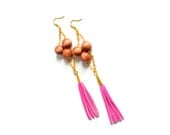 Wood Beaded Leather Earrings Tribal Neon Pink Tassels Geometric Jewelry