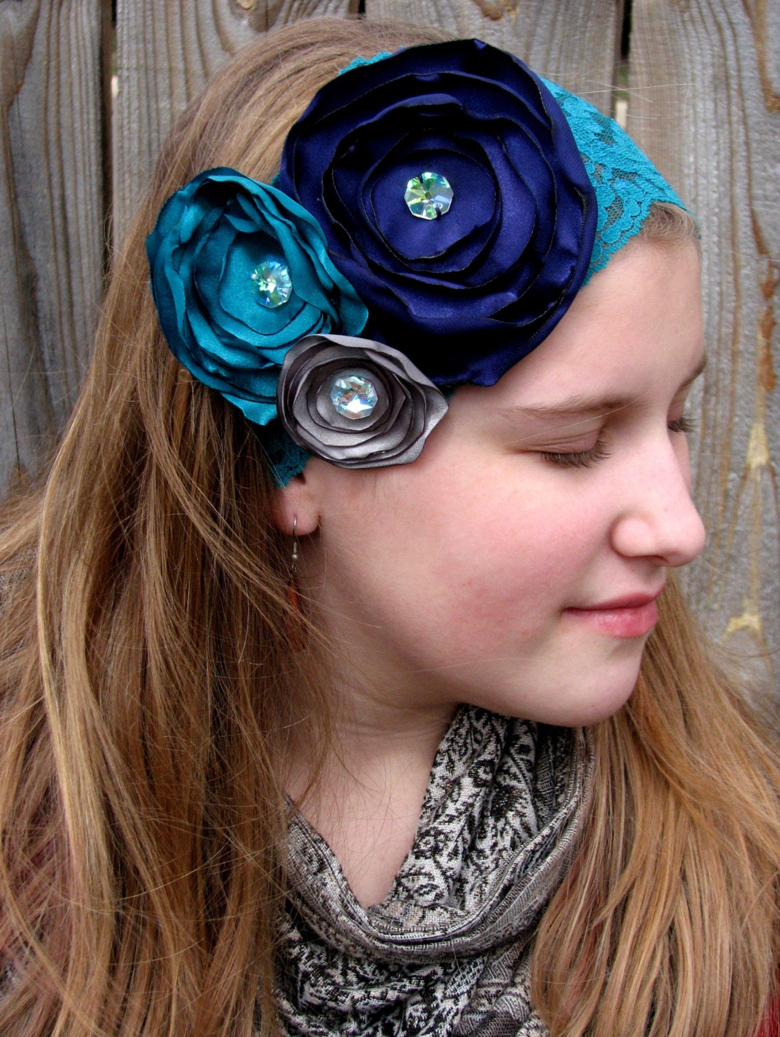 Navy, Teal and Grey Satin Flower Lace Headband for Women, Shabby Chic Accessories
