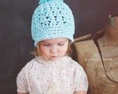 Robin Egg Blue Hat for Girls, Pom Pom Hat, Crochet Beanie Hat with Pom Pom, Girls Hats, Cotton, 5T to Preteen