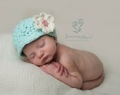 Crochet Baby Hats, Crochet Baby Girl Hats, Baby Newsboy Hat with Flower, Hats for Newborns, Robin's Egg Blue Hat for Babies, Newborn Size
