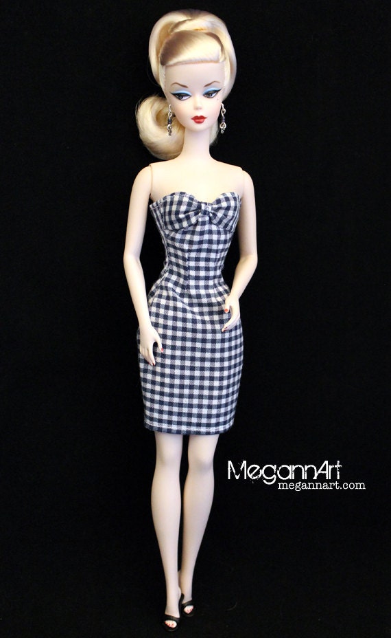 Navy Blue Gingham Dress and Earrings for Barbie, Misaki, Poppy, & 1:6 Scale Dolls