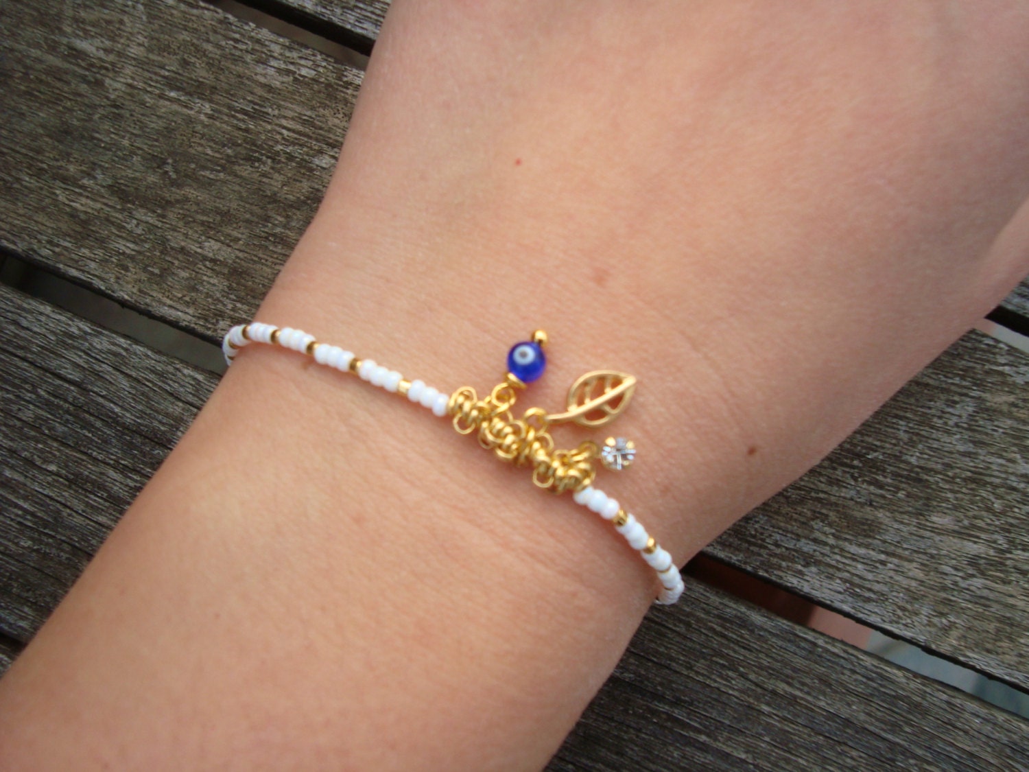 Evil Eye Beaded Gold Leaf Charm Bracelet