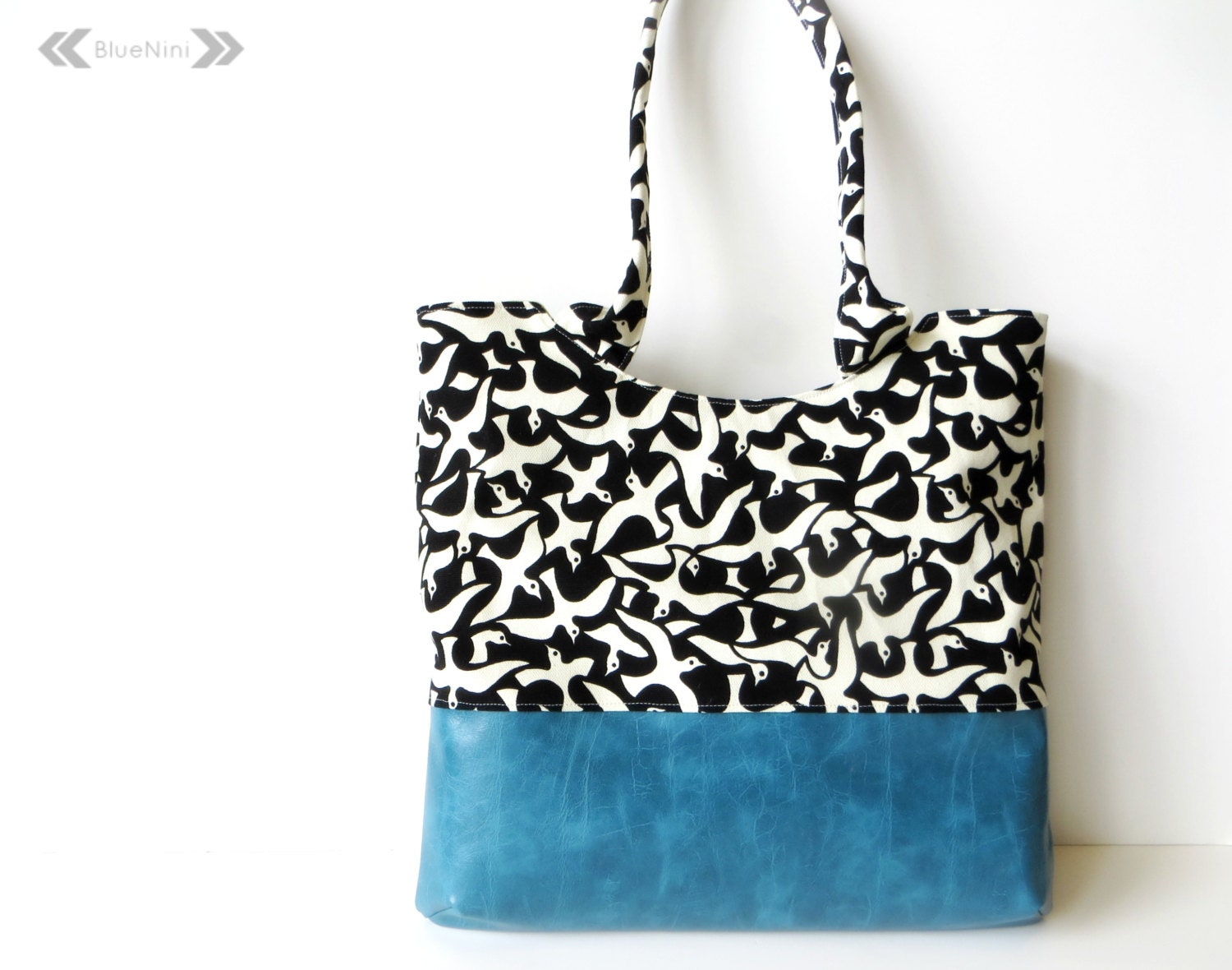 Vegan Leather Tote Bag - Black and White Birds and Teal Blue Leather - Summer Fashion