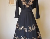 Vintage 50's 60's Sweater and Skirt Set, Black and Metallic Gold, Embroidered,  Rockabilly, VLV, Size Small to Medium, Waist 27