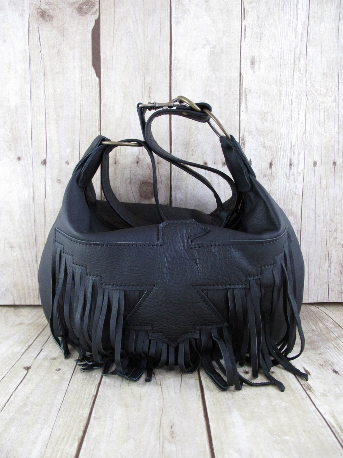 Black Leather Hobo, Fringe Bag, Southwest Thunderbird Bag, Cross Body Bag