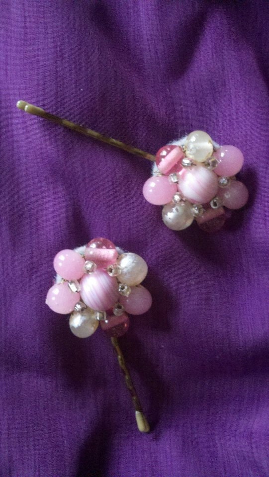vintage glass bead hair pins "" upcycled 1950s clip ons