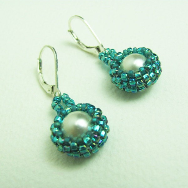 Swarovski Pearl Earrings Beadwork Bezel Sterling Silver Leverback Earwires - SRAJD