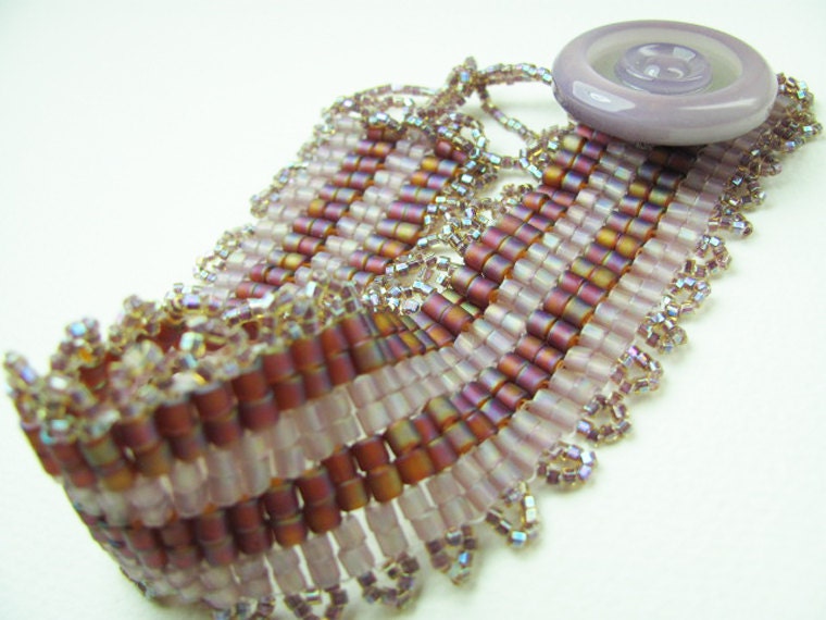 Beadwork Bracelet - Lavendar & Plum Stripe Peyote Stitch with Vintage Button Closure - SRAJD