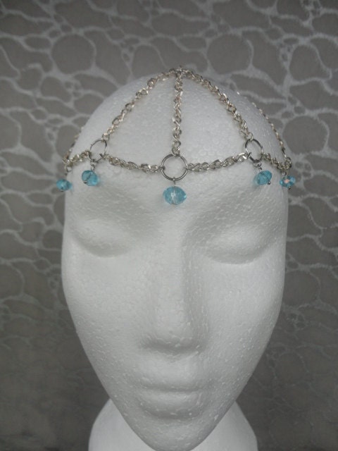 Head Chain - Hair Accessory  Head-dress - Turquoise Blue Swarovski Crystal Beads on silver Chains - Fits All  Bride, Bellydancer  Crown