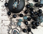 SOLD to M - MARY - Double Strand French Jet Necklace with Antique Mary Charm and Whitby Jet Memorial Locket