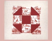 Pre Cut Quilt Block, Red Toile fabric with greyhounds, foxes and rabbits, 9 inch square . red 4