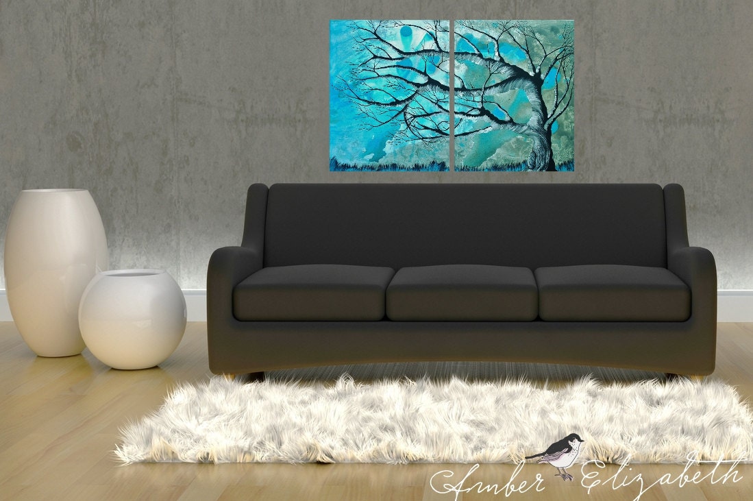 Large Original Painting The Lake Tree 32 x 20 Surreal Acrylic on Gallery Canvas Art Amber Elizabeth Lamoreaux Lagoon Blue Gray Sky