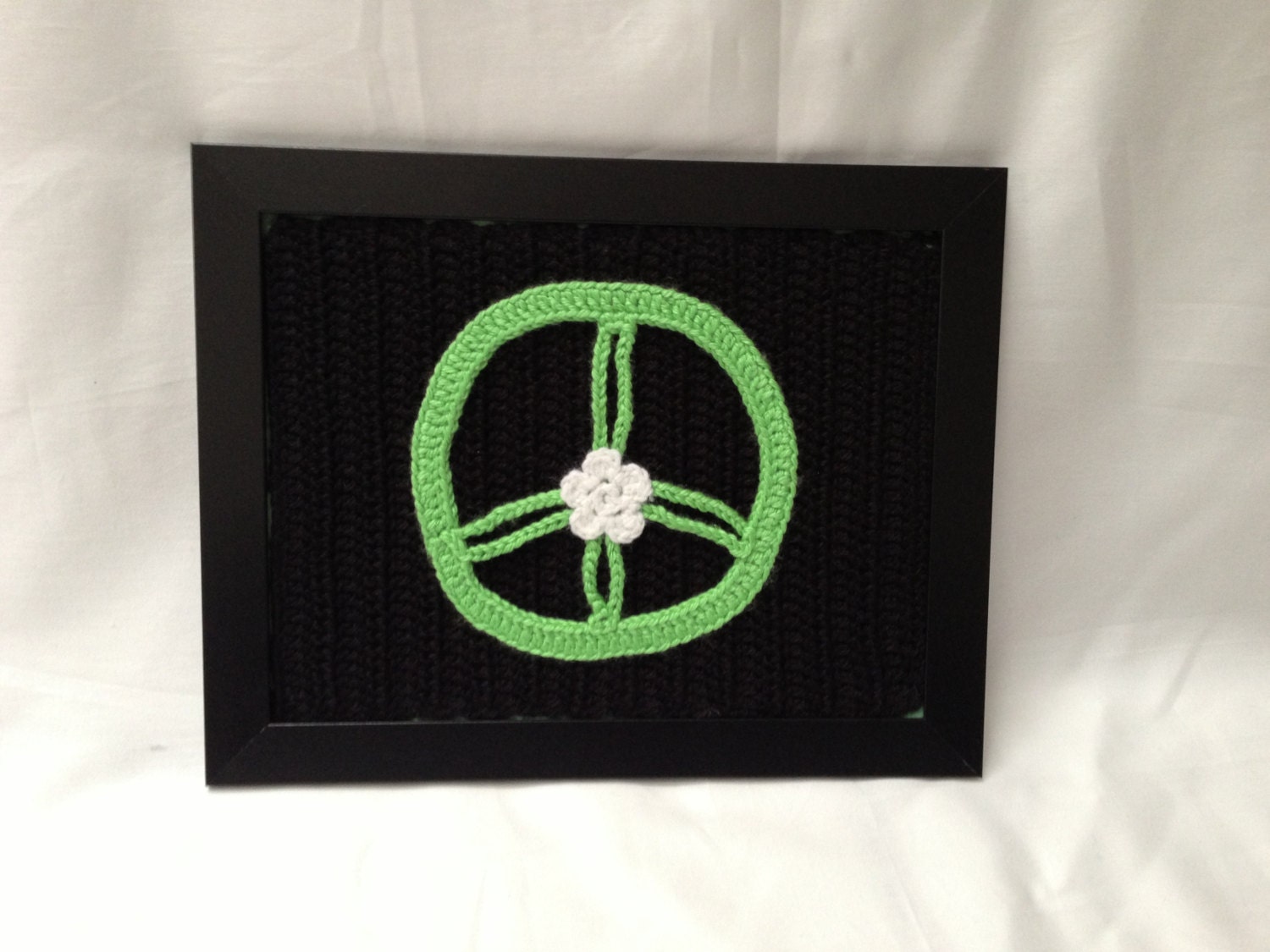 Peace Sign, Hanging Wall Art, Framed Wall Art, Mixed Media Art, Fiber Art, Home Decor, Black Wall Art, Wall Art Decor, Crochet Art