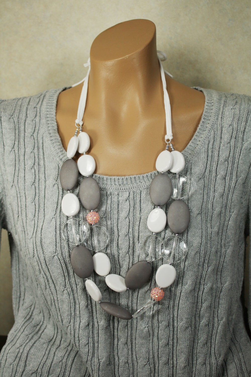 Long Chunky  Statement NeclacePink Gray and White, Adjustable Length, Perpetual Motion