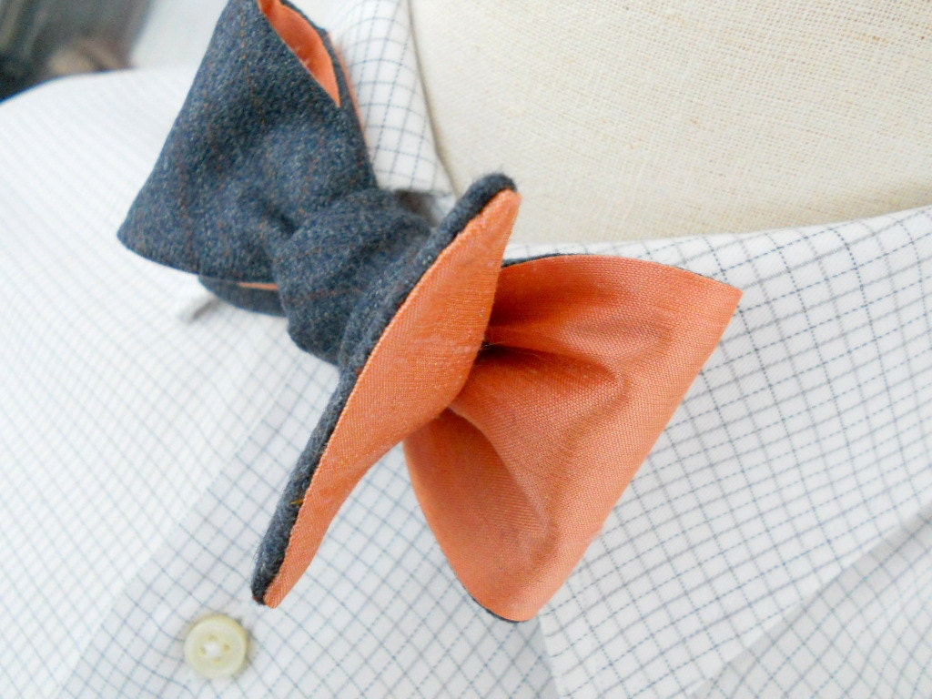 Gray Wool and Peach Silk Bowtie-Self Tying and Reversible