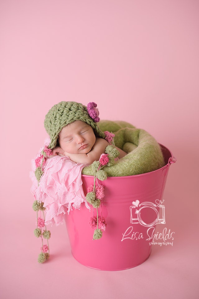 Newborn Baby Girl Pink and Sage Green Crochet Hat with PomPom Flower Earflap , Great for Photo Prop