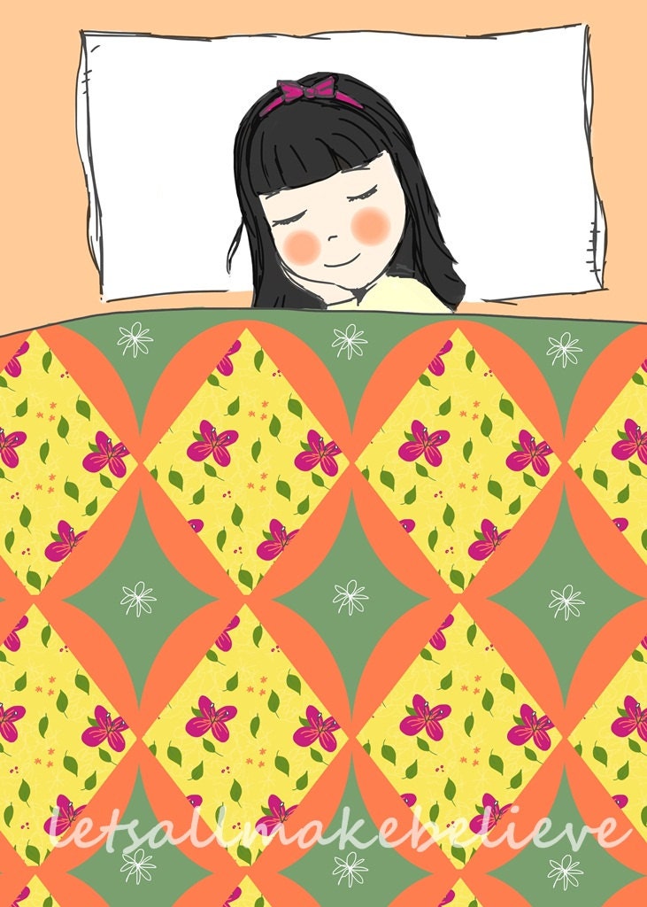 Cute Nursery Wall Art Flower Quilt Design Sweet Dreams Illustration Digital Print 5x7 Green, Coral, Yellow, Pink