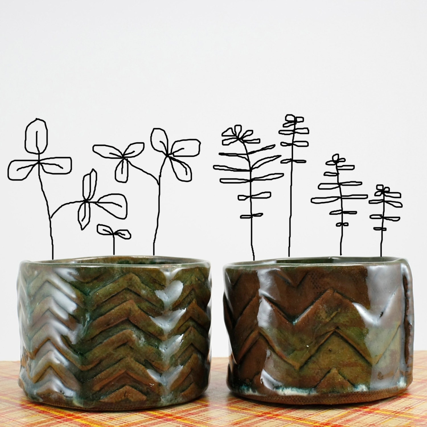 Herb Pots, small ceramic seed starter pots, set of two, in moss green, chevron texture