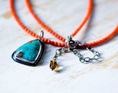 Turquoise and Red Coral Necklace in Sterling Silver necklace - Arizona Turquoise - Mediterranean Coral Necklace - Color Splash