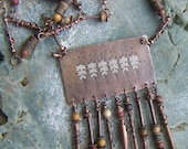 Long Copper Necklace with Textured Fringed Pendant