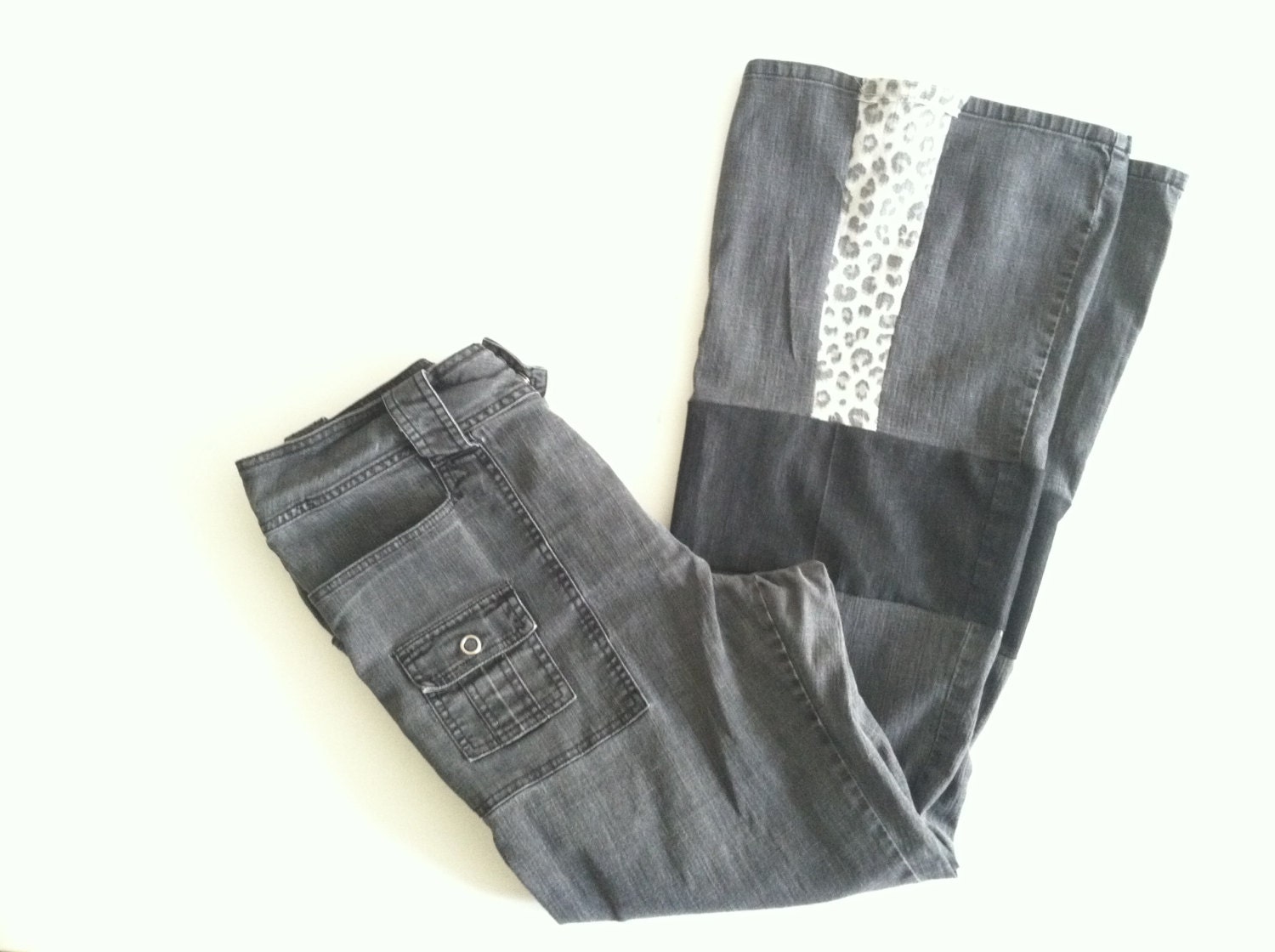 Size 18 but fits size 16 loose black denim jeans ombré colorblock two tone jeans recycled Eco friendly cheetah bell bottom