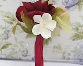 Groom, Groomsmen Wedding Boutonniere - Burgundy Rose, Moss Green Hydrangea Boutonniere