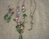 Vintage Silver Tone Metal Spring Floral Pastel Rhinestone Butterfly Necklace Matching Earring Set  .....2010