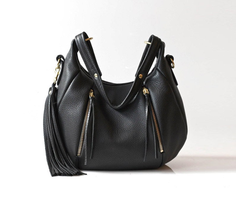 Black Leather bag purse - OPELLE Baby Ballet Bag - Soft Pebbled Leather w Zipper Pockets