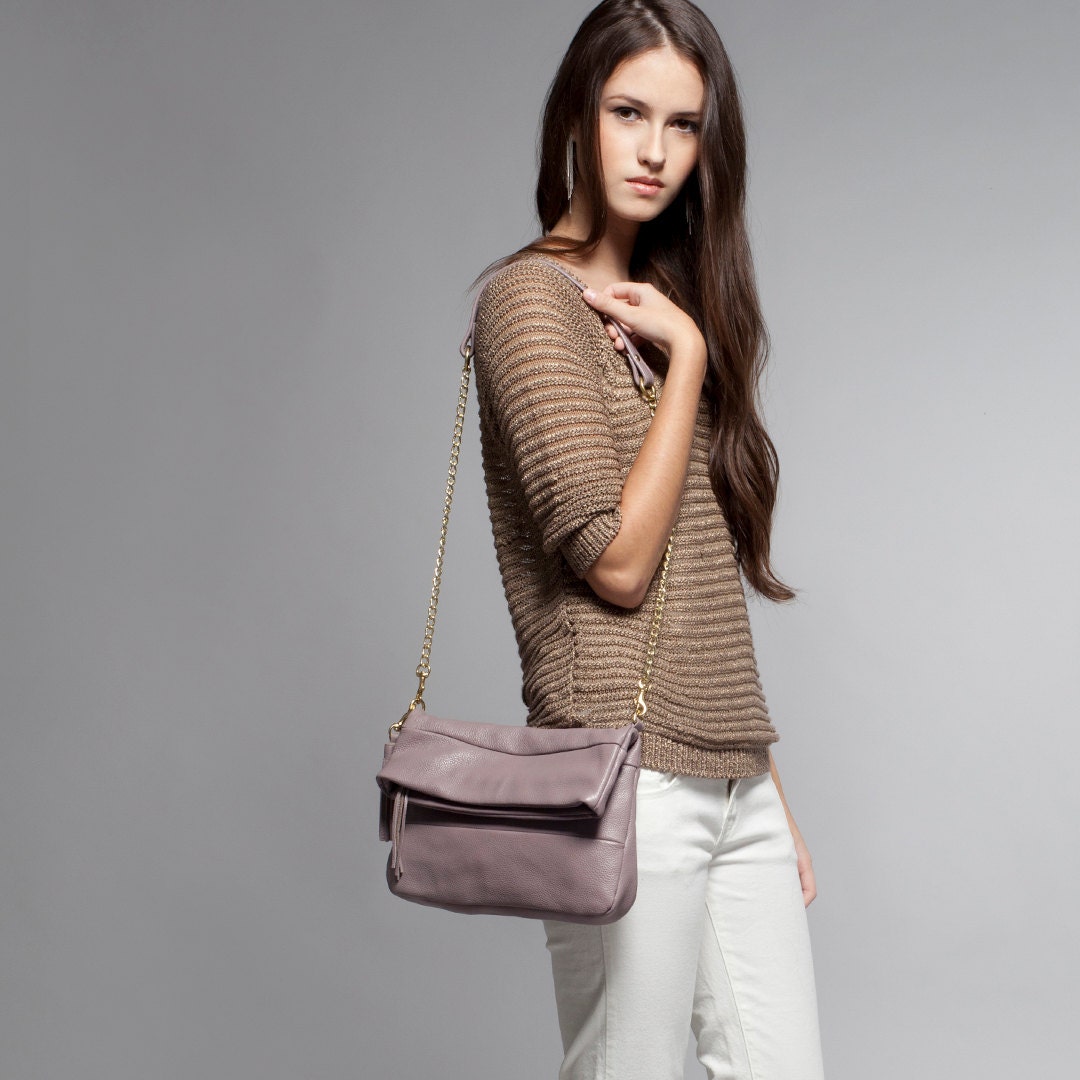 Leather clutch - OPELLE Fold-Over Clutch Bag - Butter Soft Shrunken Leather in Lilac