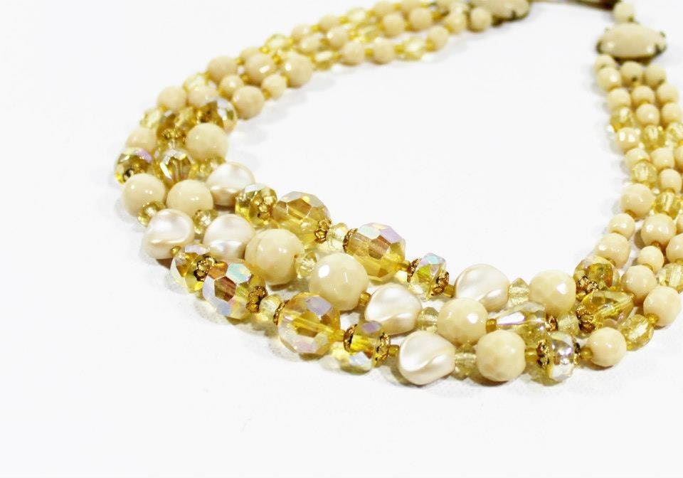 1960s Jewelry Yellow Beaded Necklace Multi Strand AB