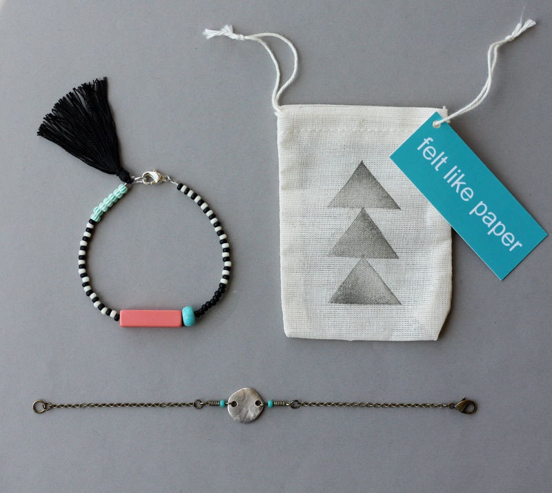 Friendship Bracelet Set - Black and White Bracelet with Tassel and Silver Coin Bracelet - Layering Bracelets