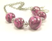 Handmade Polymer Clay Jewelry Necklace, Raspberry Pink and Silver Beaded Necklace, Handmade Necklace, Beaded Jewelry, Handmade Jewelry