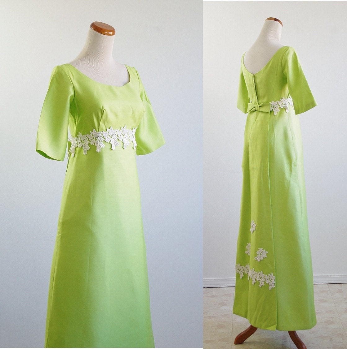 Vintage 60s Formal Gown -- Lime Green Floor Length Cocktail Dress -- Mod Lace Maxi Dress -- XS Small