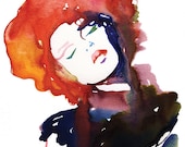 Print of Watercolor Fashion Illustration. Titled: Model Ink2