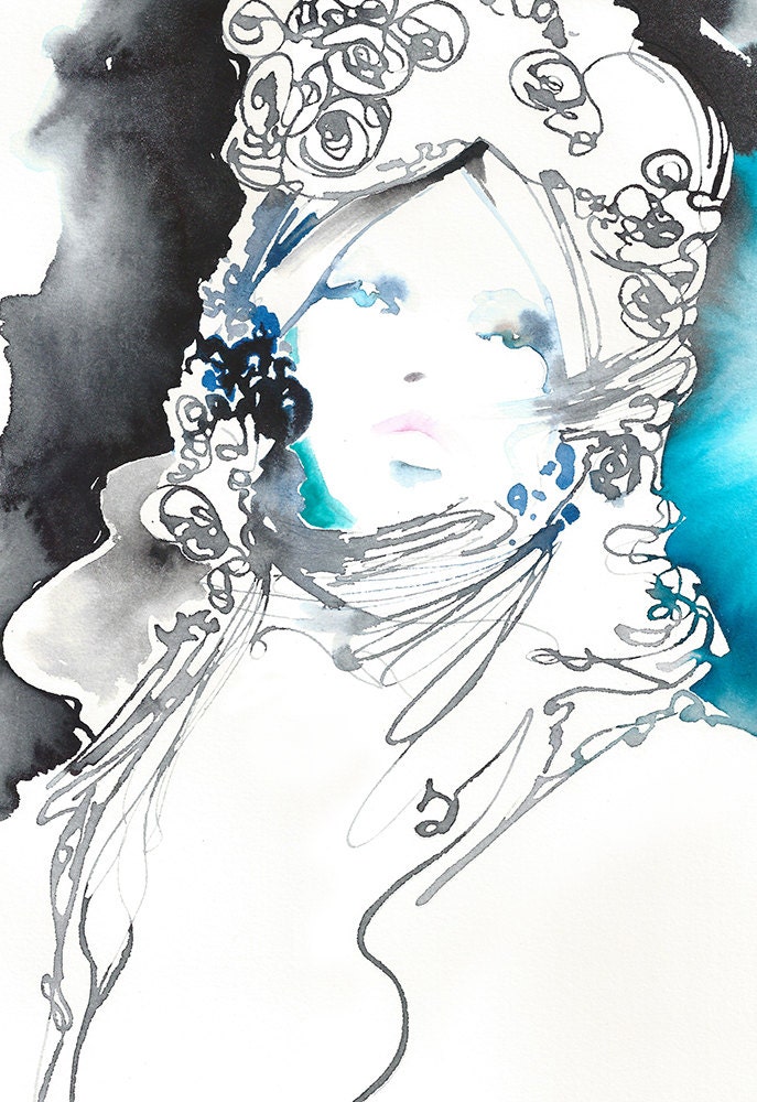 Original Watercolor Painting, Fashion Sketch Illustration,Titled: Ink
