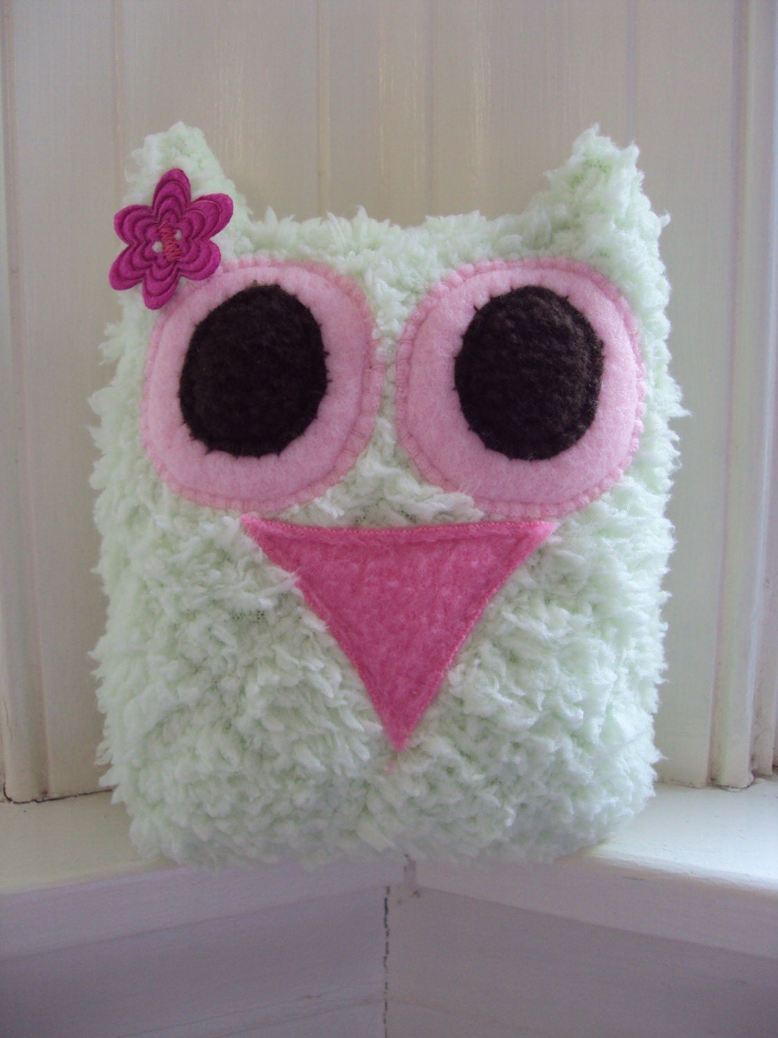 Soft and Fluffy Owl - Light green and pink owl pillow