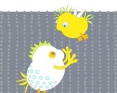Cute monster mother and child, nursery wall decor, children's art, digital illustration, bird, gray, yellow, 65 (I Can Fly)