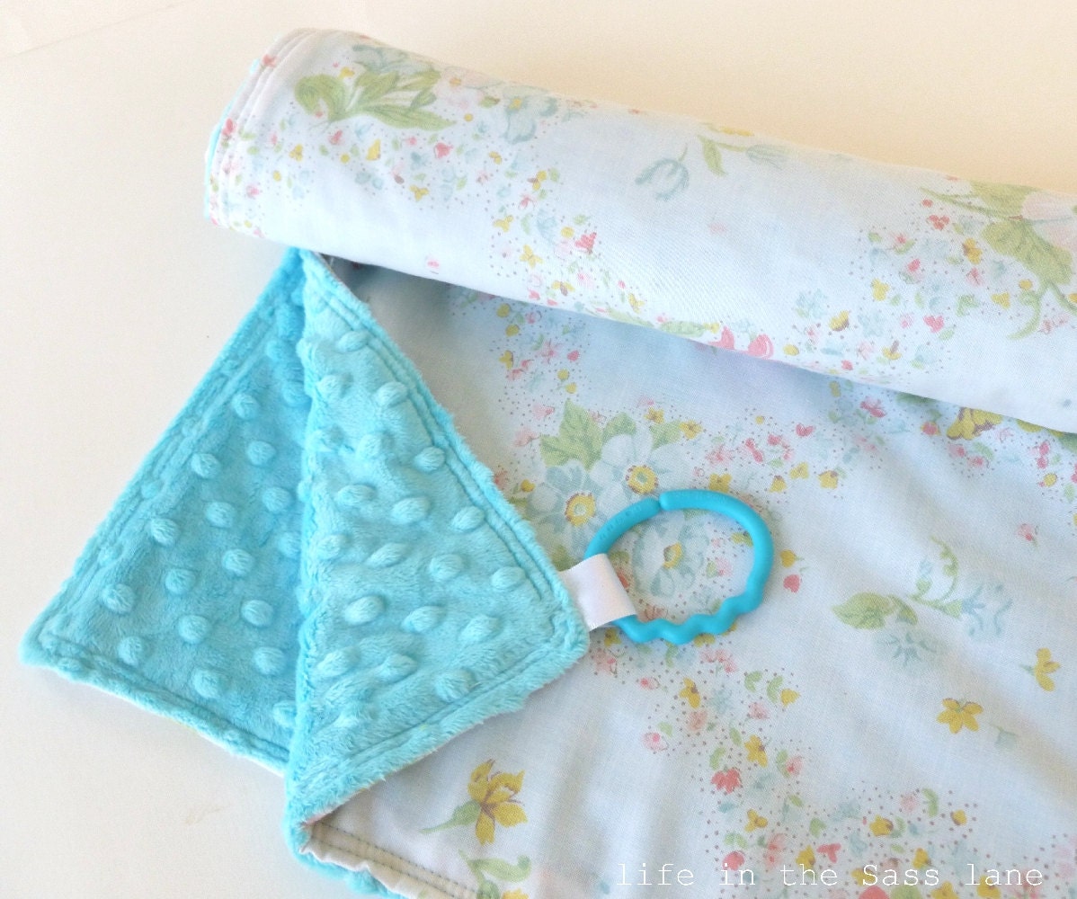 Upcycled Floral Baby Blanket Made from Reclaimed Vintage Pillowcase and Turquoise Minky Dots Fabric with Linking Ring