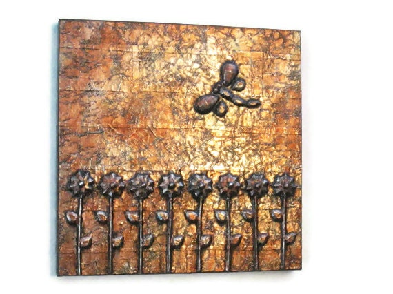 Flowers and Dragonfly 3-D modern art panel with copper faux finish original 3d mixed media painting metal wall art gallery panel