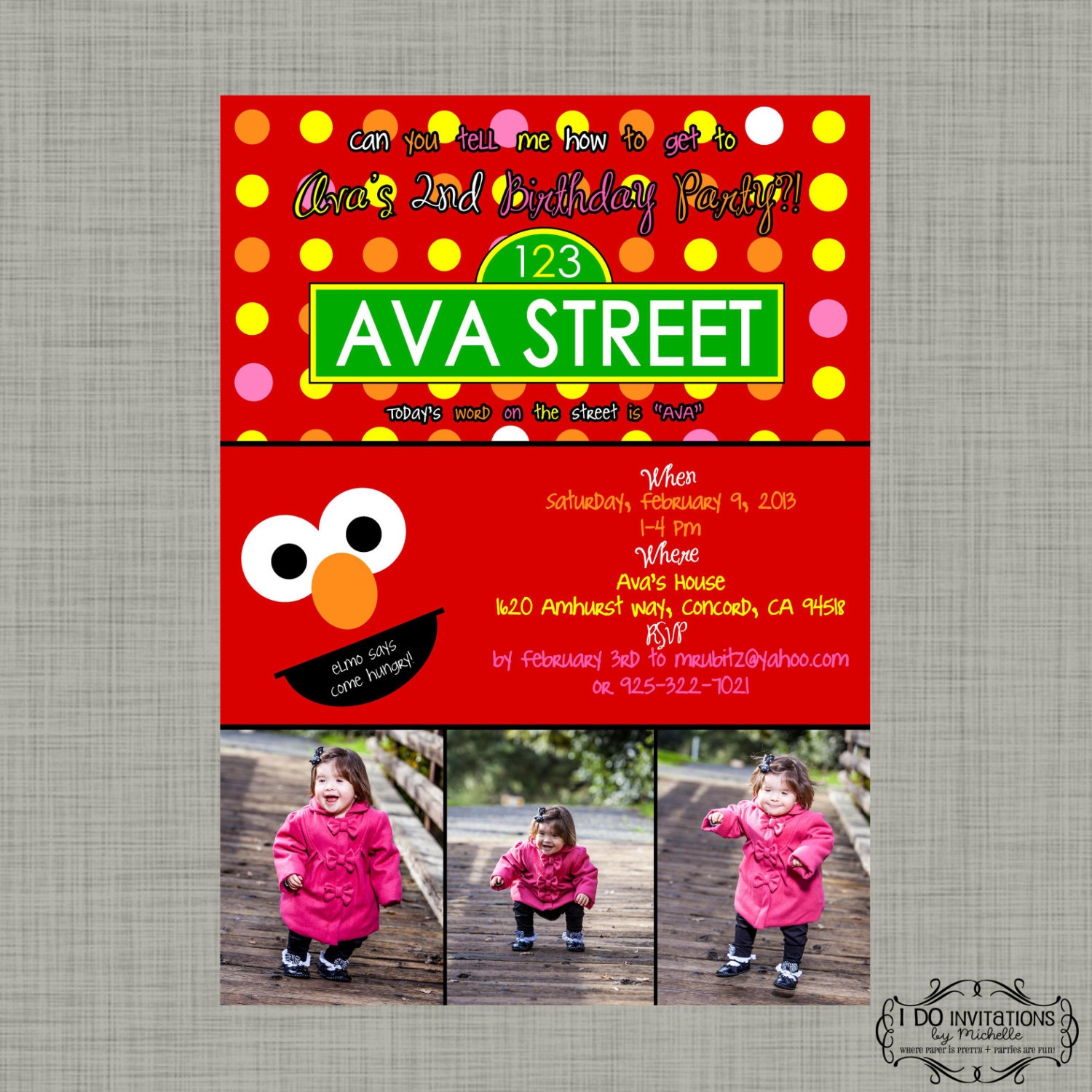 Sesame Street Elmo Inspired Birthday Party Photo Invitation for your Birthday Girl - Digital File - As seen on Hostess with the Mostess