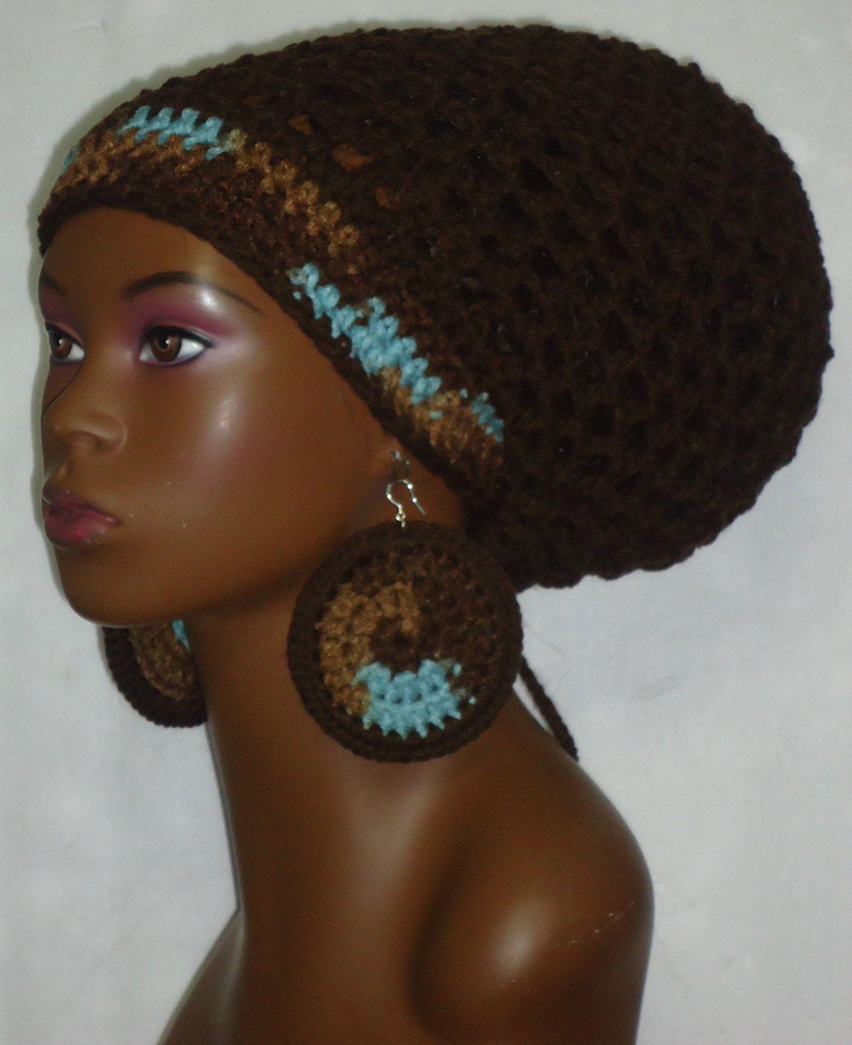 Brown Aqua Tam and Earring Set with Drawstring