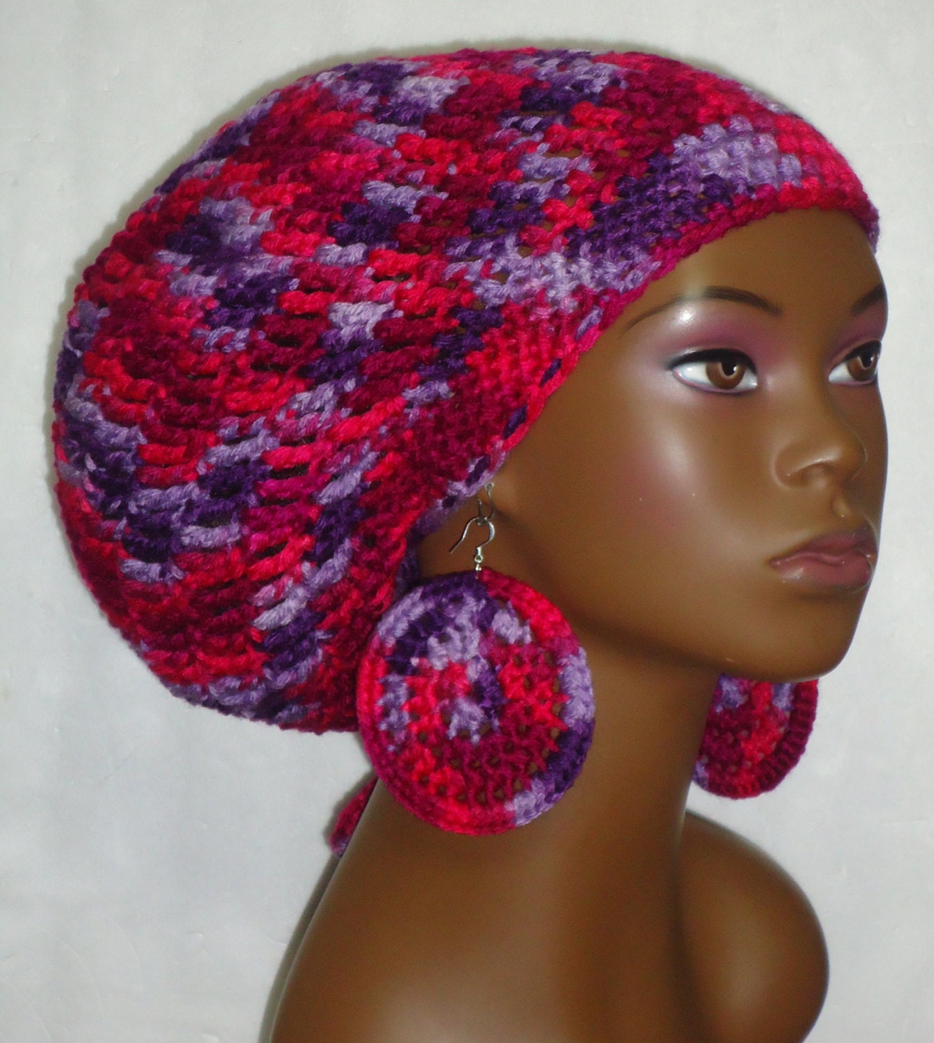 Pink Purple  Rasta Tam and Earrings with Drawstring Dreadlocks