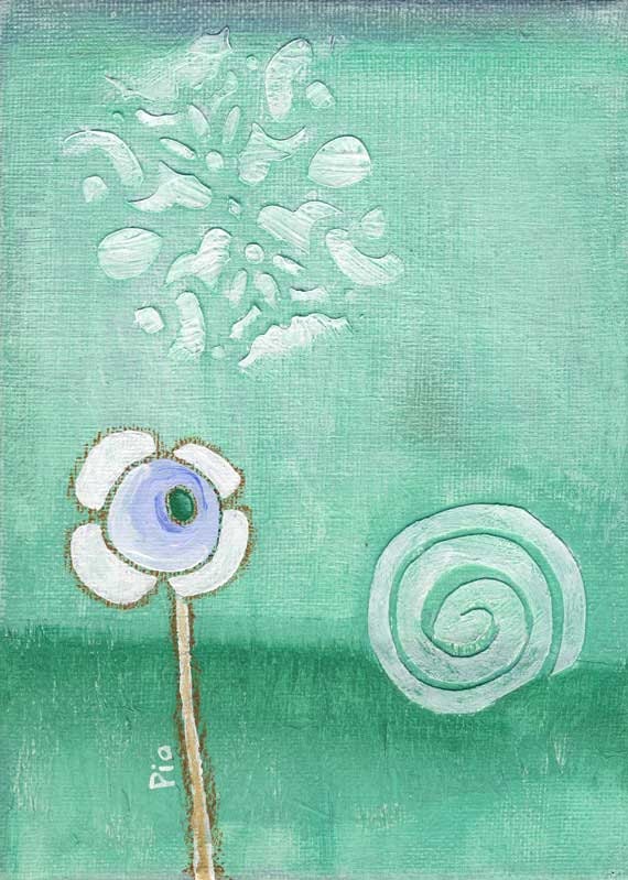 High Above Us, original painting, whimsical mixed media, 5 x 7 inches, floral wall art, teal green and white, acrylic abstract