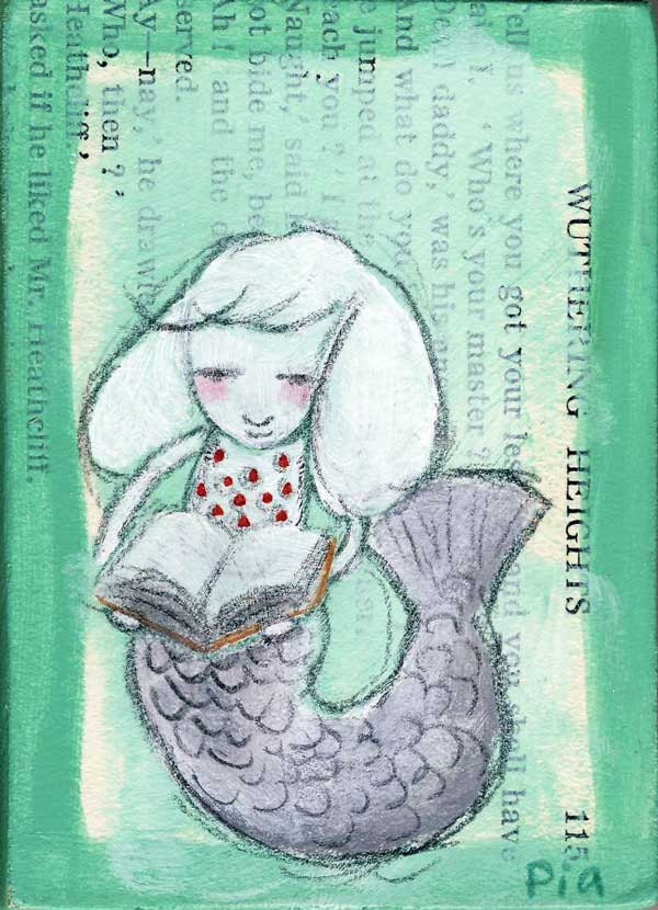 Mary Is Reading, original painting, aceo, wood mounted, mermaid with book, art on vintage book page, teal green