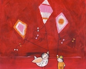 Flying Kites, original painting, wall art, bird and baby characters, little prince, 12x12", crimson red, textured acrylics, nursery decor