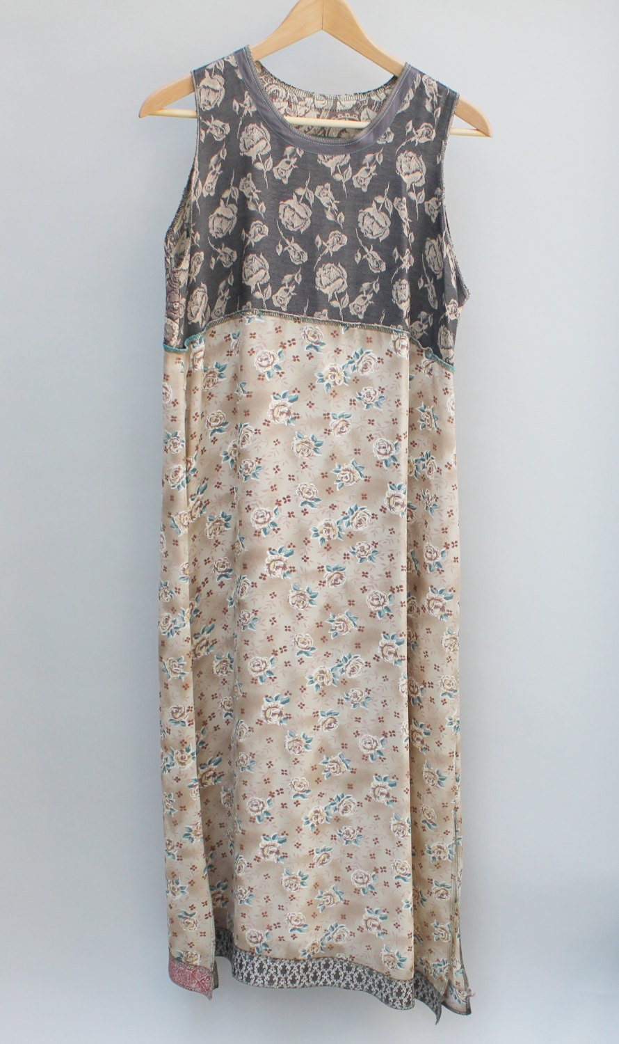 90s vintage empire waist floral patchwork boho maxi dress - oversized small